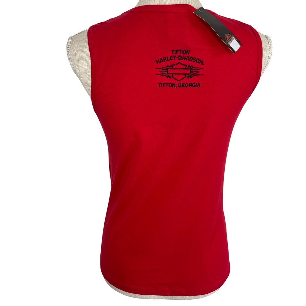 Harley Davidson Red Tank Top Bar & Shield Feel The Heat Logo Racing Stripes Sz M - Picture 5 of 10